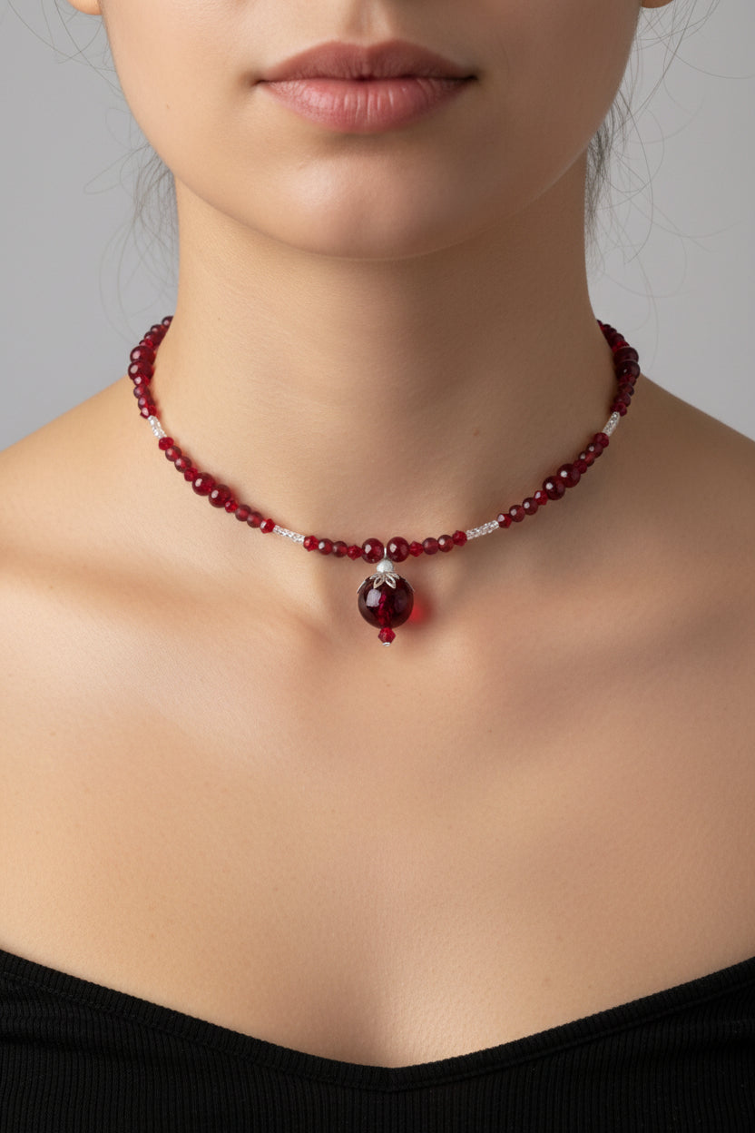 Vibrant Burgundy Glass Pendant Memory Wire Choker Necklace – Sparkling Red Crystal & Seed Bead Collar