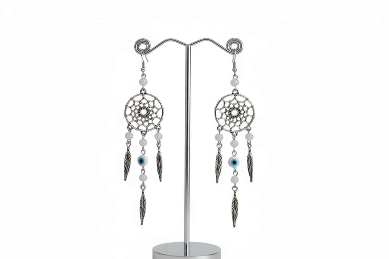 Embrace your inner free-spirit with our beautiful dream catcher earrings! Adorned with a protective evil eye and delicate beads, these earrings will bring positive energy and ward off negative vibes. Perfect for adding a touch of bohemian charm to any outfit. Get yours today and catch your dreams!