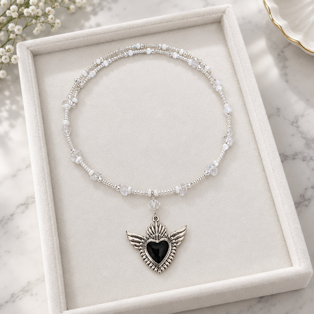 Winged Sacred Heart Memory Wire Collar – Gothic Boho Beaded Choker