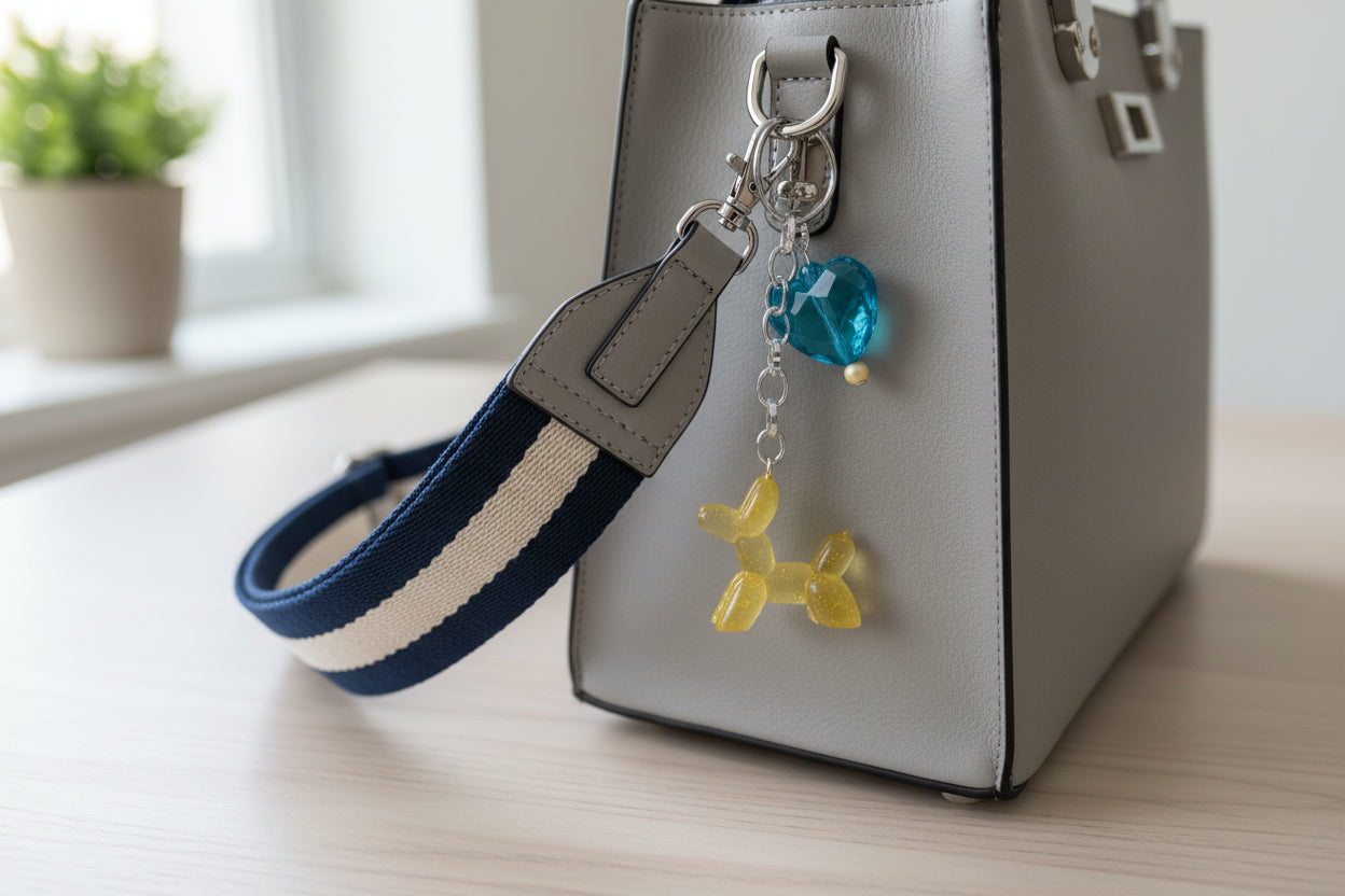 Yellow balloon dog with blue heart bead bag charm on a purse
