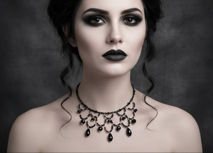 Woman wearing a black necklace against a dark background