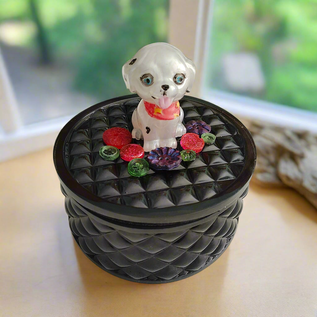 Keep your precious trinkets safe in this quirky Knickknack box! The resin round box features a playful dalmatian lid, adding a touch of fun to your storage. With a height of 5 inches and a dish depth of 2 inches, it's perfect for keeping your jewelry and small items organized. Weighing only 11 ounces, it's lightweight and easy to move around. 