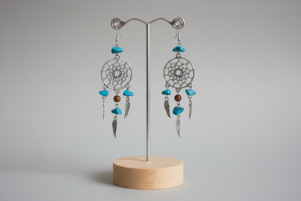Embrace your inner dreamer with our beautiful dream catcher earrings. Adorned with glass beads and silver wings, these earrings add a touch of whimsy to any outfit. Let them catch your dreams and inspire you to chase them!