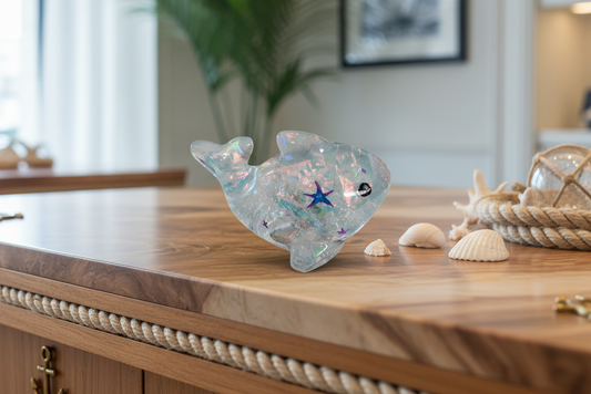 "Add a touch of whimsy to your space with our Knickknack - Resin dolphin. Handcrafted from durable resin, this charming dolphin figurine will bring a sense of playful wonder to any room. Its intricate design and intricate details make it a unique and eye-catching addition to your home decor. Perfect for ocean lovers or those looking to add a touch of nautical charm. Bring this adorable dolphin home today!"