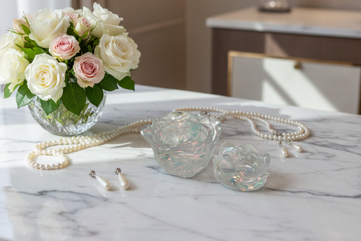 Elevate your space with this charming Knickknack - Resin rose trinket. Its intricate design and delicate details make it the perfect addition to your home decor. Keep your small treasures safe in its lidded compartment. A beautiful and functional piece that adds a touch of elegance to any room.