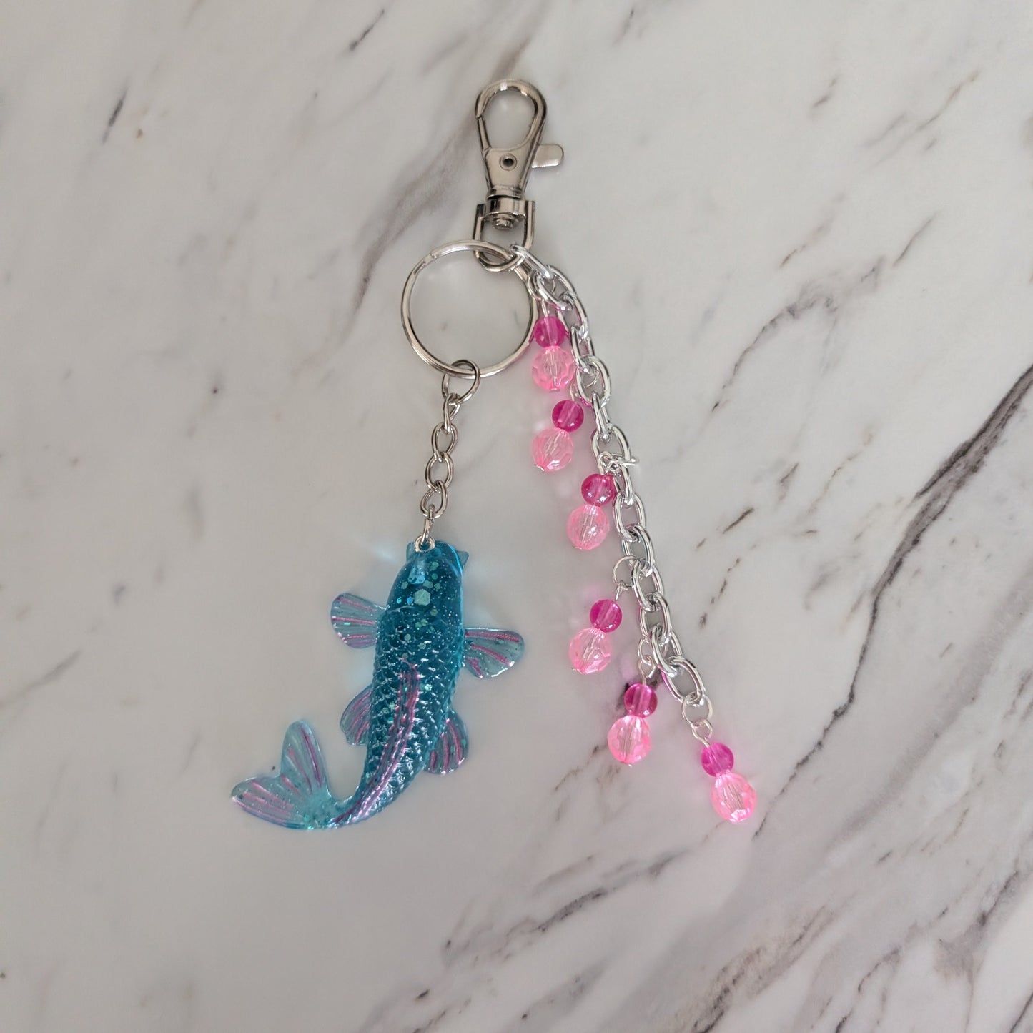 Keychain/Bag charm blue resin fish with pink beads