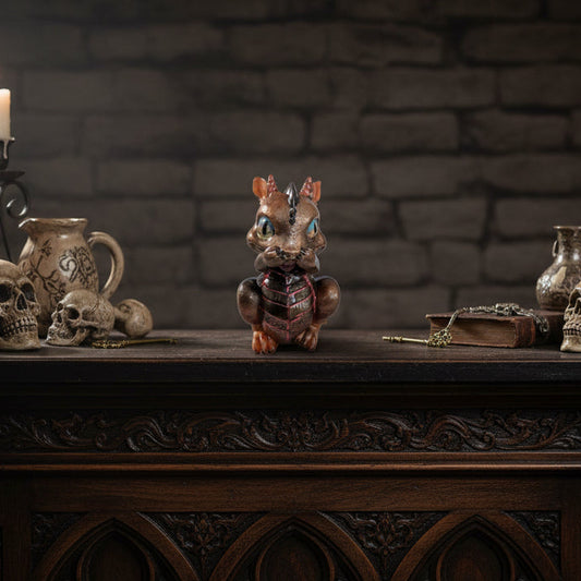 Decorative dragon figurine on a wooden surface with skulls and a candle in the background.