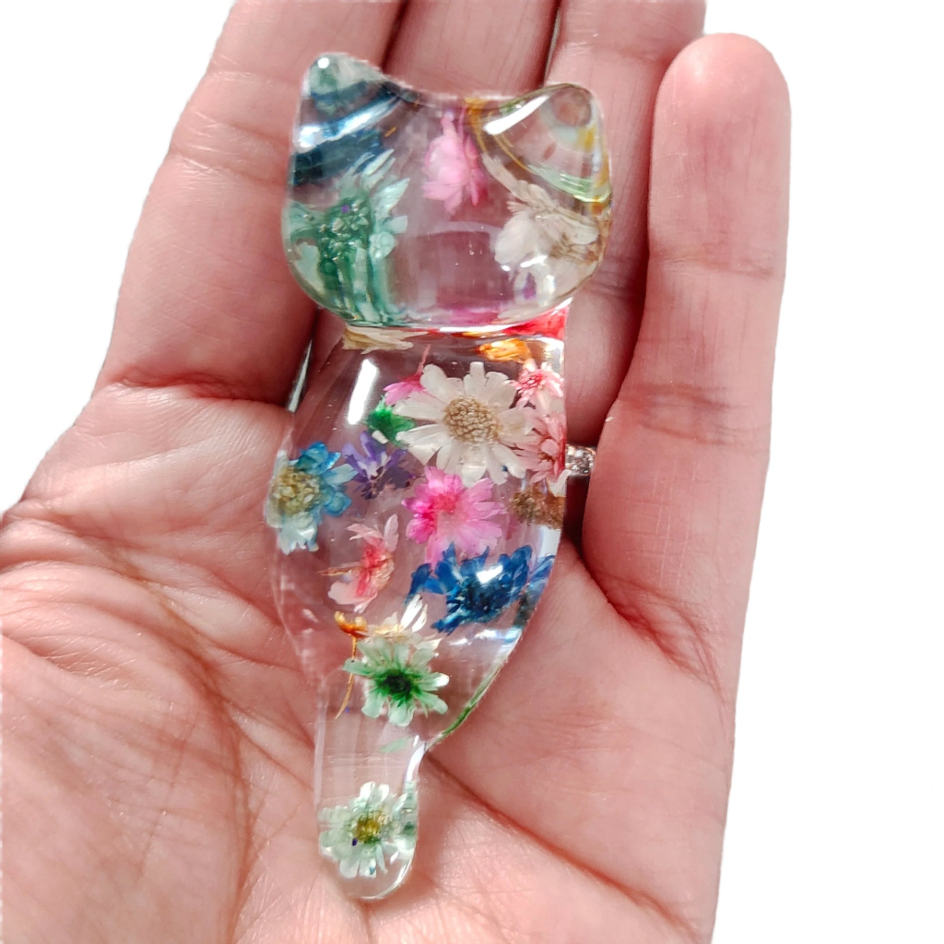 Add some purrfect charm to your home with our playful "Knickknack" resin cat trinket. This small, clear feline is adorned with delicate flowers, making it both stylish and quirky. A unique addition to any knickknack collection.