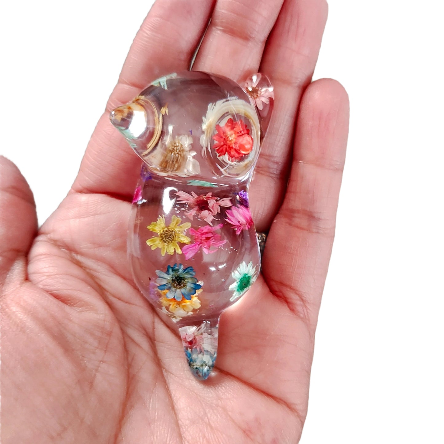 Add some purrfect charm to your home with our playful "Knickknack" resin cat trinket. This small, clear feline is adorned with delicate flowers, making it both stylish and quirky. A unique addition to any knickknack collection.