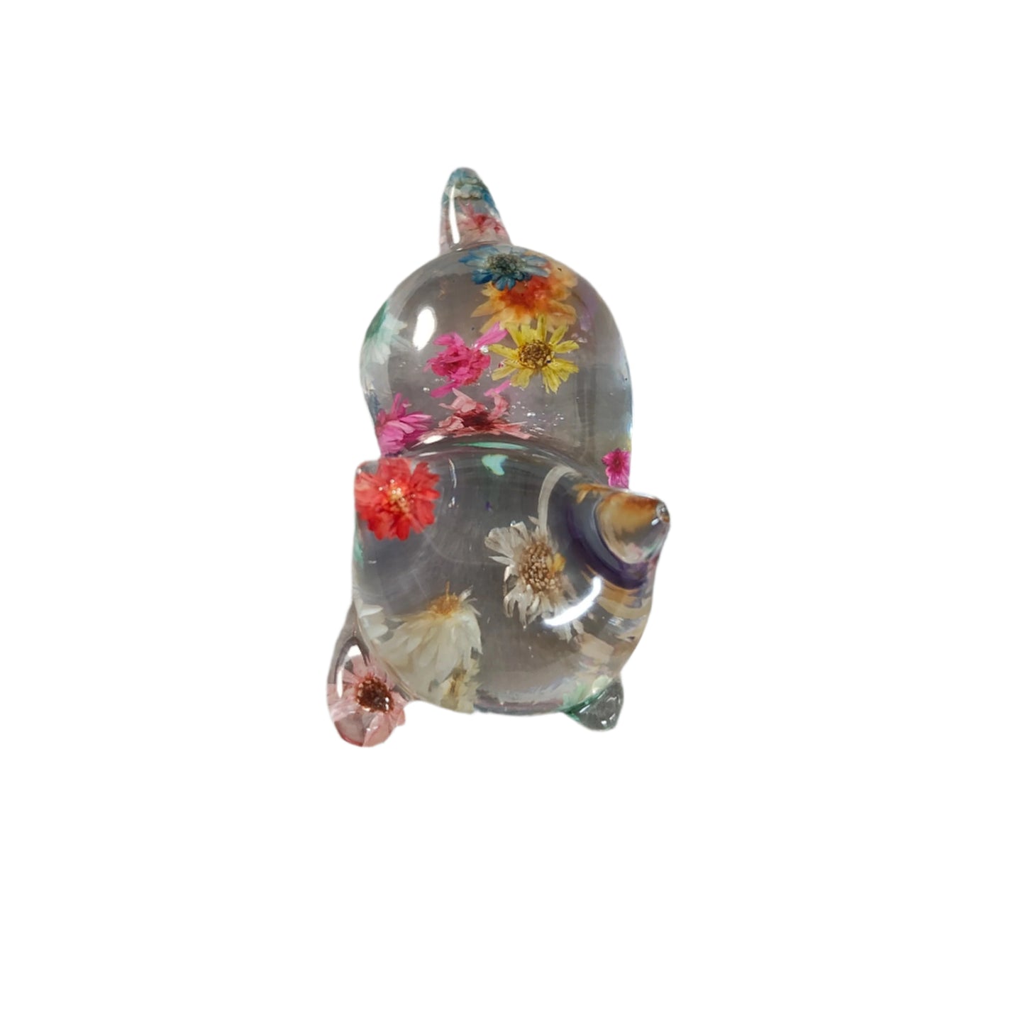 Add some purrfect charm to your home with our playful "Knickknack" resin cat trinket. This small, clear feline is adorned with delicate flowers, making it both stylish and quirky. A unique addition to any knickknack collection.