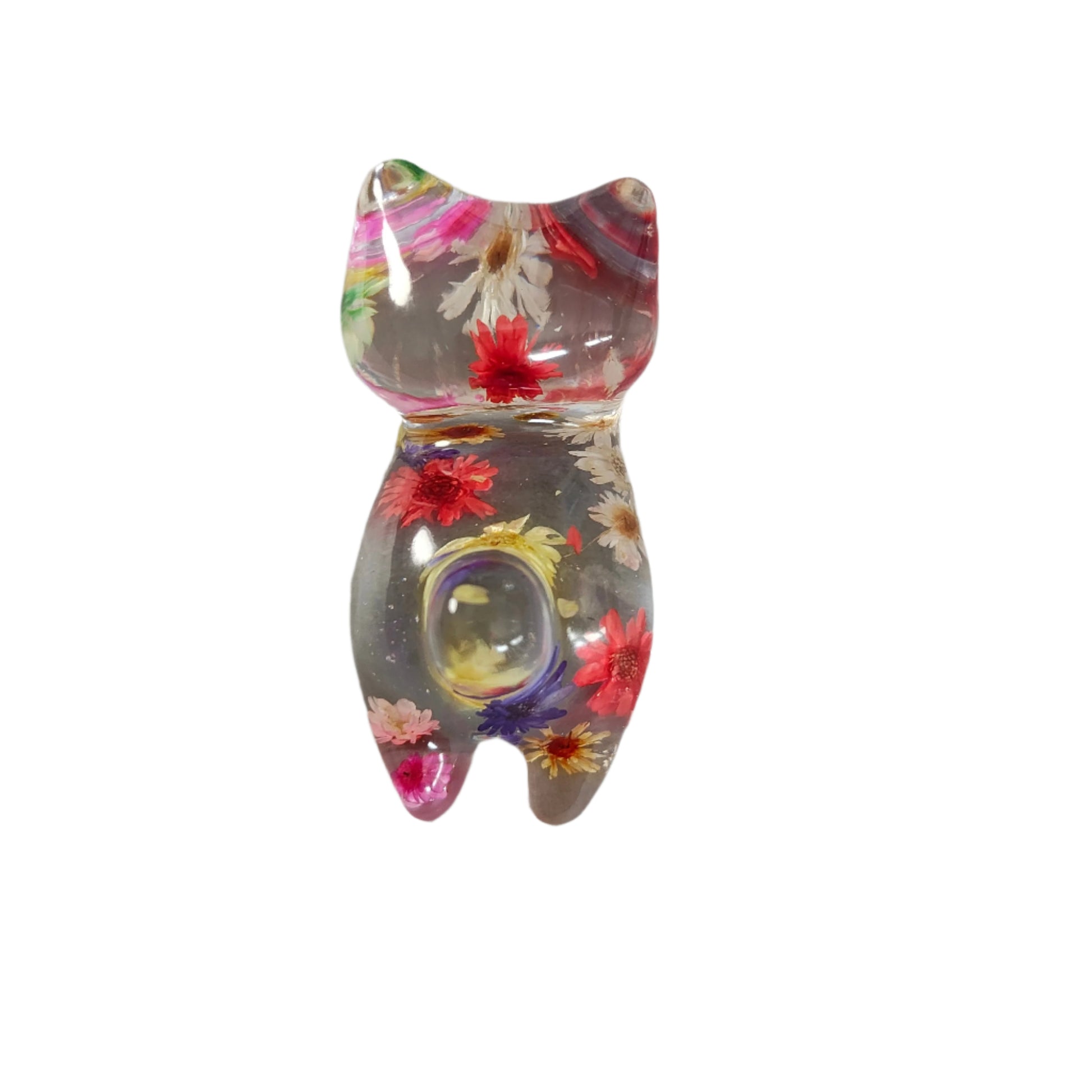 Add some purrfect charm to your home with our playful "Knickknack" resin cat trinket. This small, clear feline is adorned with delicate flowers, making it both stylish and quirky. A unique addition to any knickknack collection.