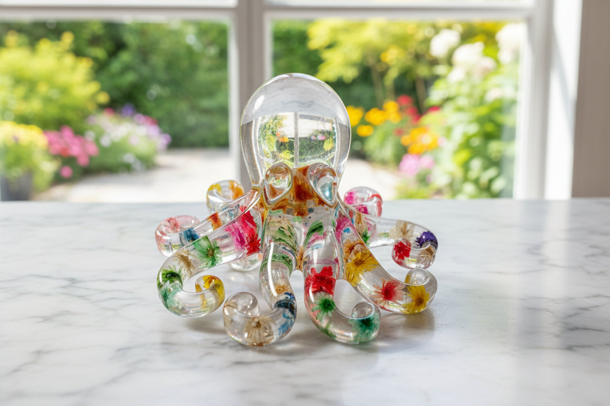 Perk up your decor with this Resin Small Octopus! This whimsical creature is just waiting to liven up your shelves, tables, or windowsills. With eight arms and a charming face, it's sure to be a conversation starter with its unique blend of cute and quirky! Get yours today and add some "squishy" fun to your home!