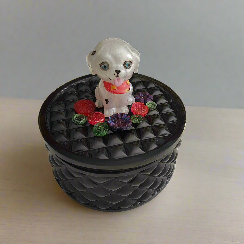 Keep your precious trinkets safe in this quirky Knickknack box! The resin round box features a playful dalmatian lid, adding a touch of fun to your storage. With a height of 5 inches and a dish depth of 2 inches, it's perfect for keeping your jewelry and small items organized. Weighing only 11 ounces, it's lightweight and easy to move around. 