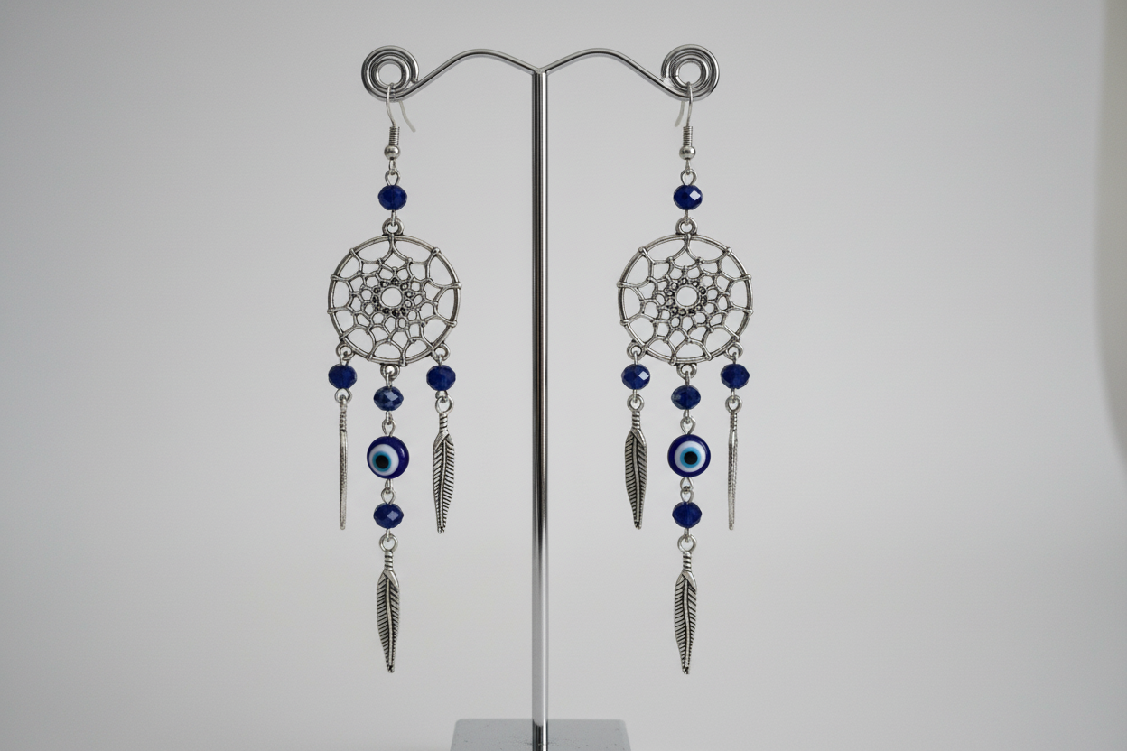 Embrace your inner free-spirit with our beautiful dream catcher earrings! Adorned with a protective evil eye and delicate beads, these earrings will bring positive energy and ward off negative vibes. Perfect for adding a touch of bohemian charm to any outfit. Get yours today and catch your dreams!