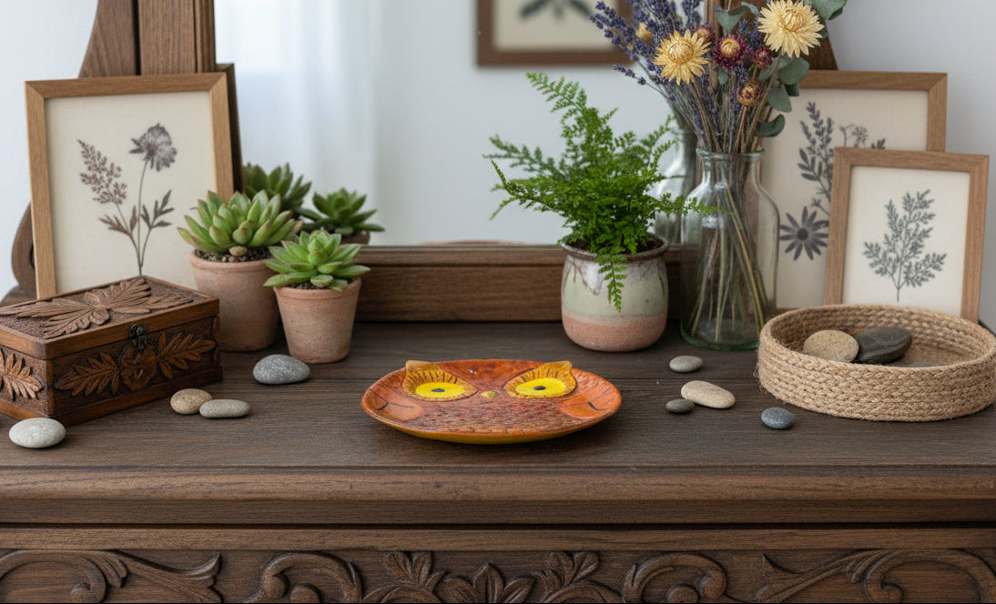 Owl-shaped plate with a textured brown design on a wooden surface