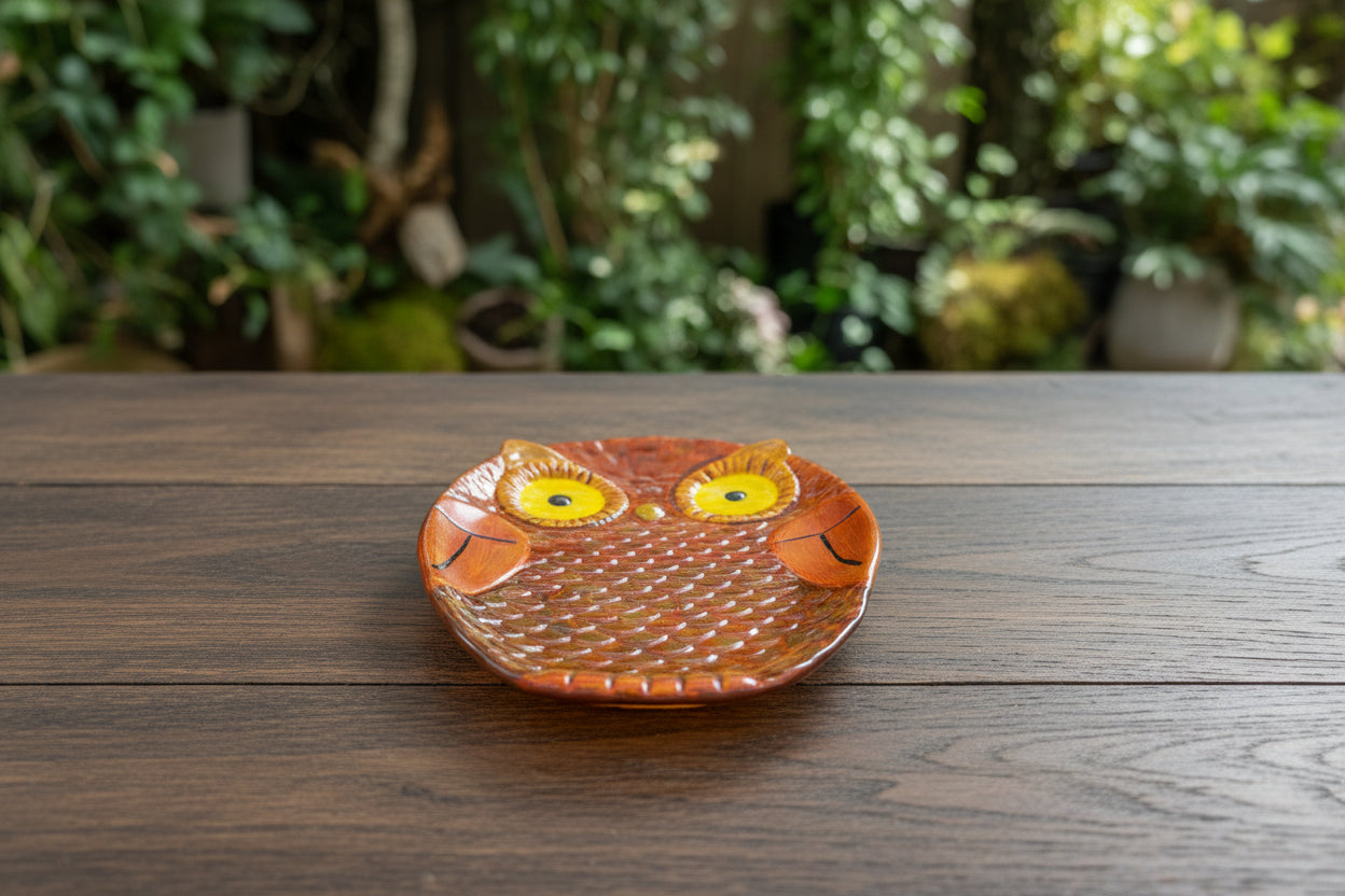 Ceramic owl plate on a wooden table with a garden background