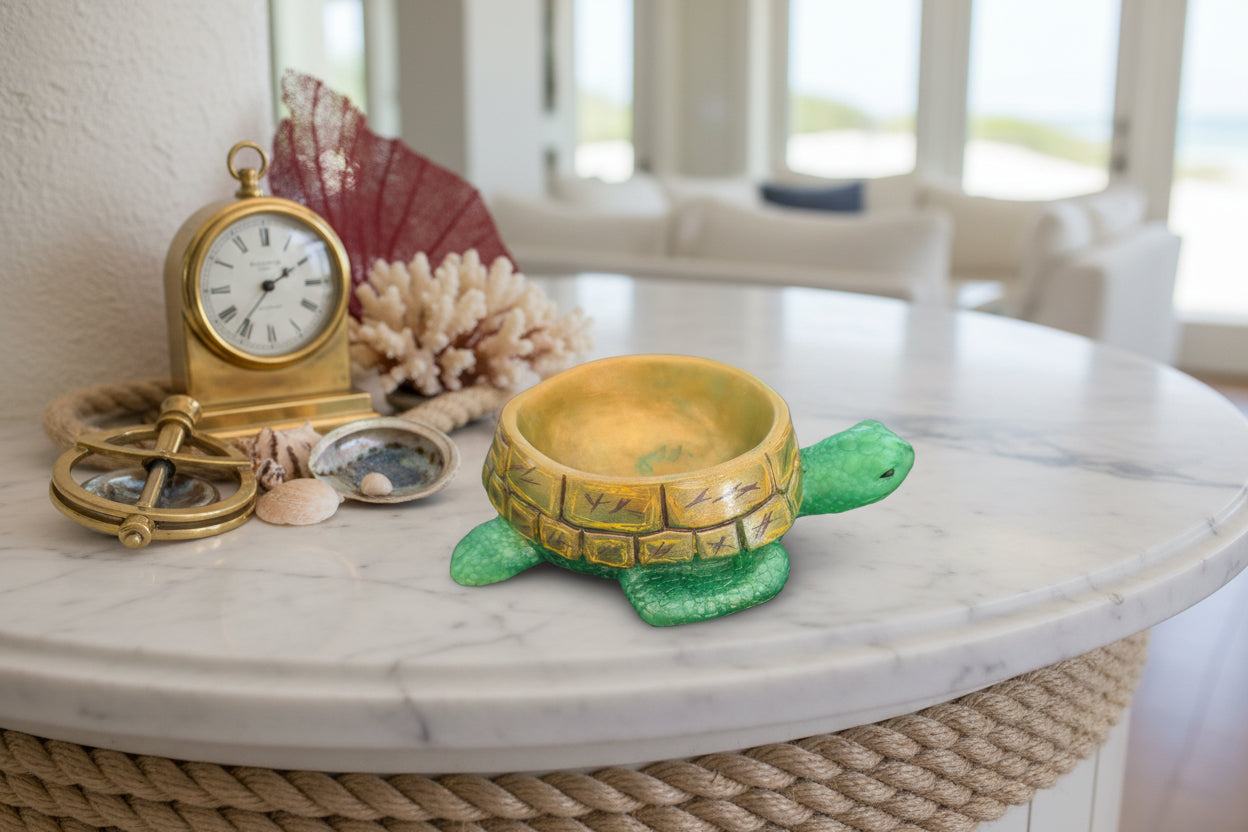 Knickknack - Resin Sea Turtle trinket/pot holder

hand crafted with epoxy resin, and hand painted with acrylic paints.

Epoxy resin is typically smooth, rigid, and non-porous, similar to a hard plastic or glass.