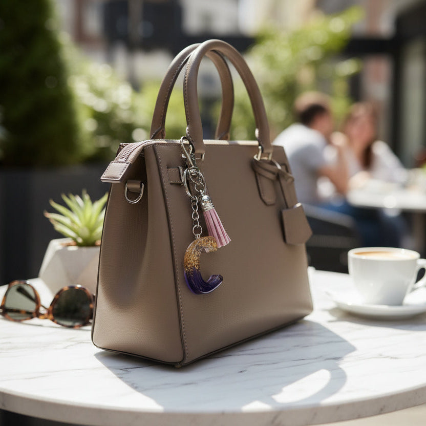 Beige handbag with decorative C letter keychain  on a table outdoors