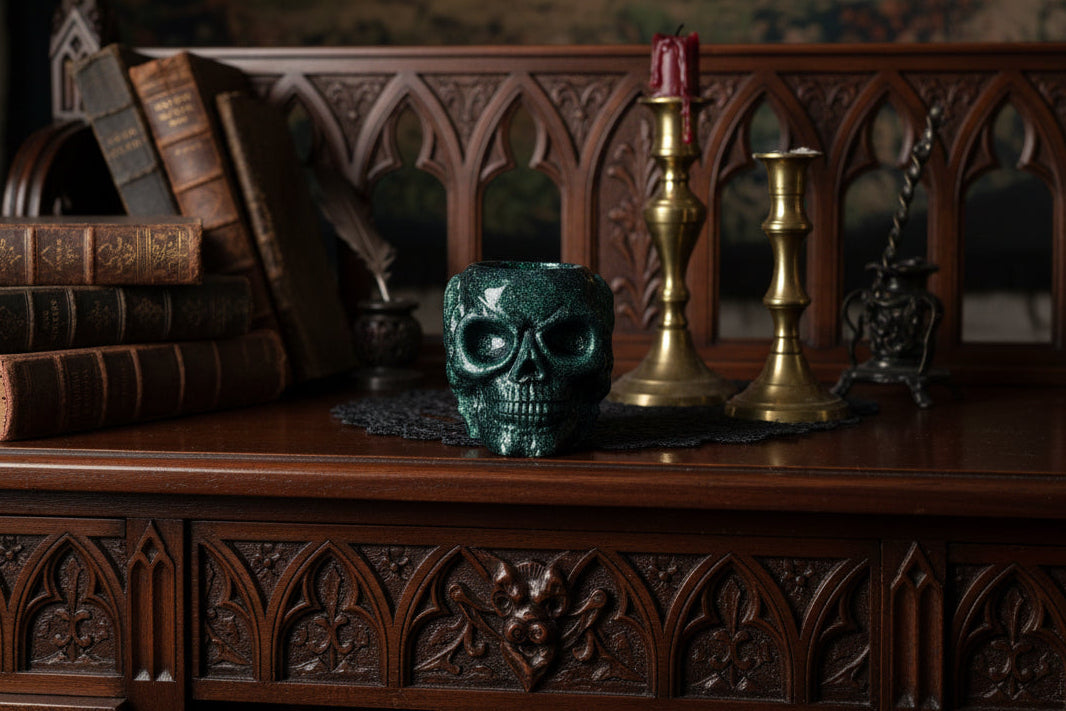 Green decorative Hear No Evil skull trinket holder on a wooden table with books and candles in the background