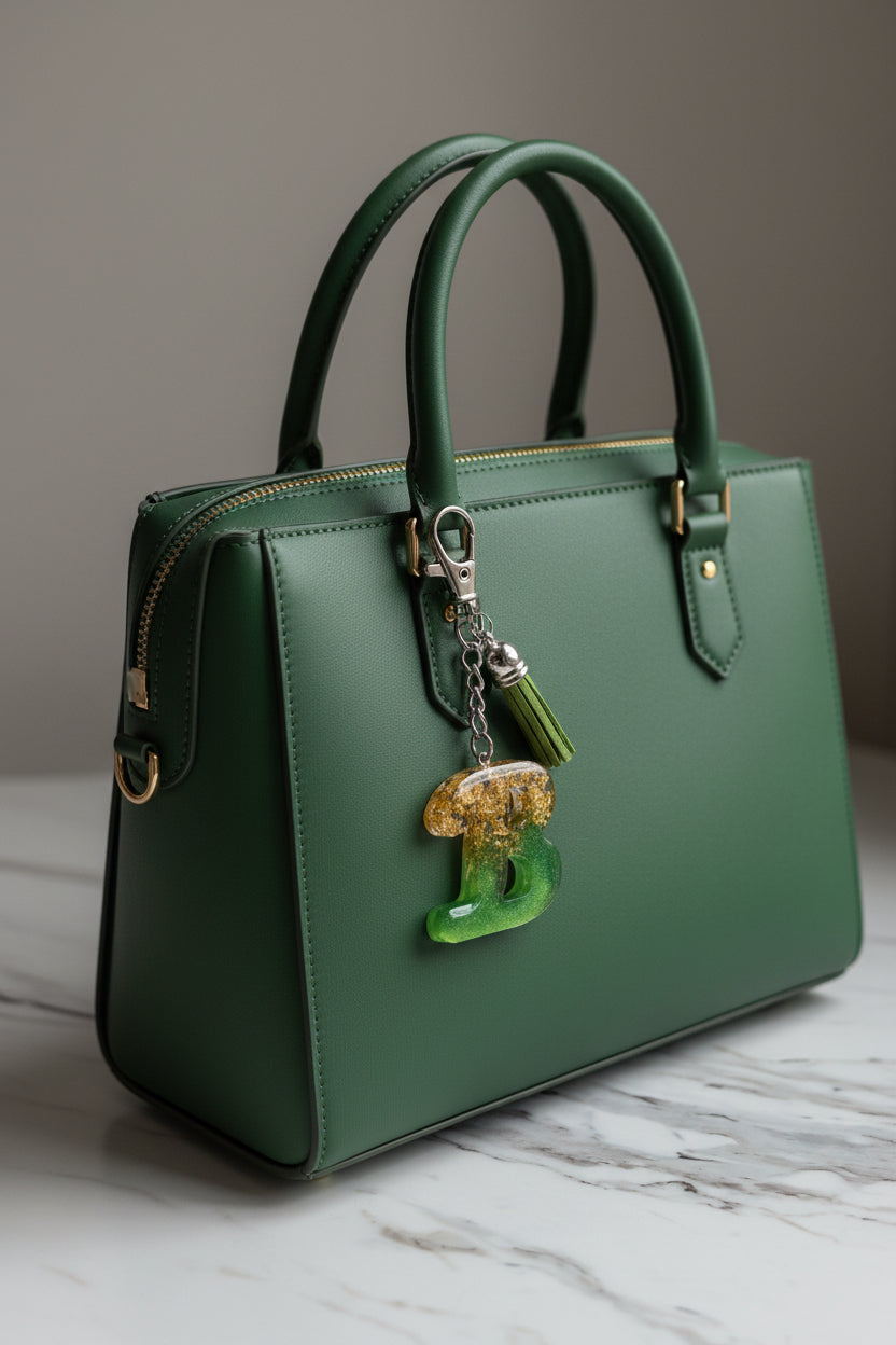 Green handbag with a green and gold letter B keychain on a marble surface
