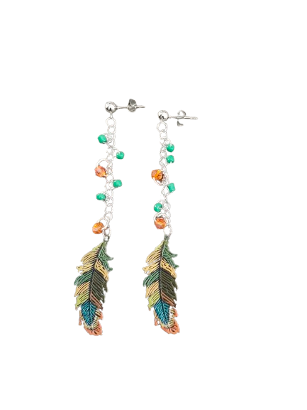 Inspire with our Filigree feather earrings. Made with stainless steel chains and delicate seed beads, these earrings feature intricate filigree feathers on ball post studs. Lightweight and elegant, perfect for any occasion. Elevate your style now!