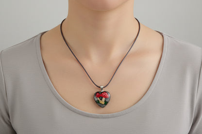 Heart-shaped pendant necklace on a mannequin with a plain background