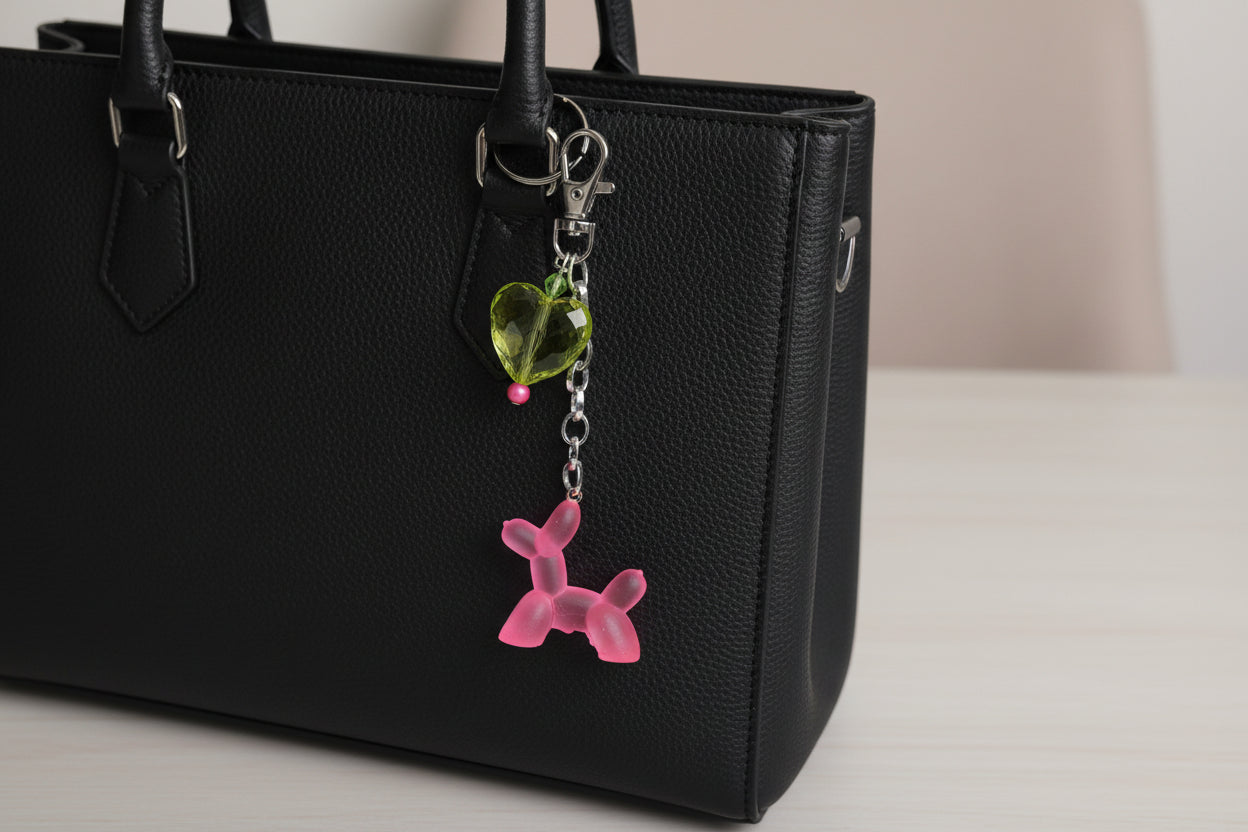 Keychain with pink dog-shaped charm and green bead on a black bag