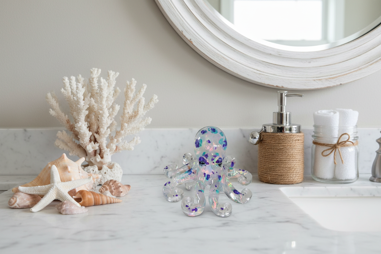 Perk up your decor with this Resin Small Octopus! This whimsical creature is just waiting to liven up your shelves, tables, or windowsills. With eight arms and a charming face, it's sure to be a conversation starter with its unique blend of cute and quirky! Get yours today and add some "squishy" fun to your home!