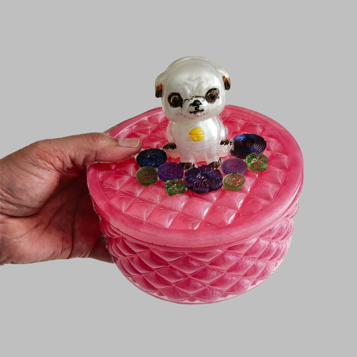 Handmade round resin trinket box with 3D pug dog lid for jewelry storage and home decor.