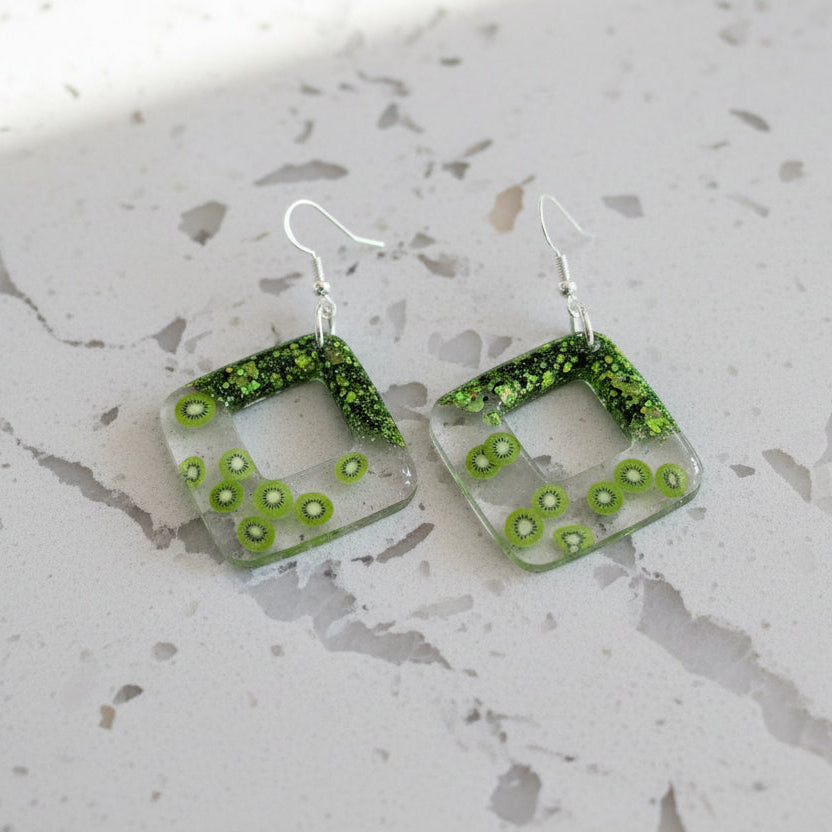 Green Kiwi resin earrings on sterling silver hook
