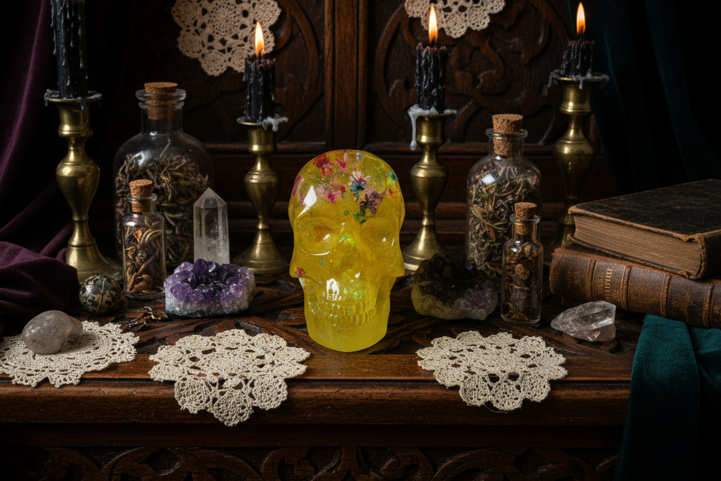 A yellow resin skull with floral patterns on the top and front