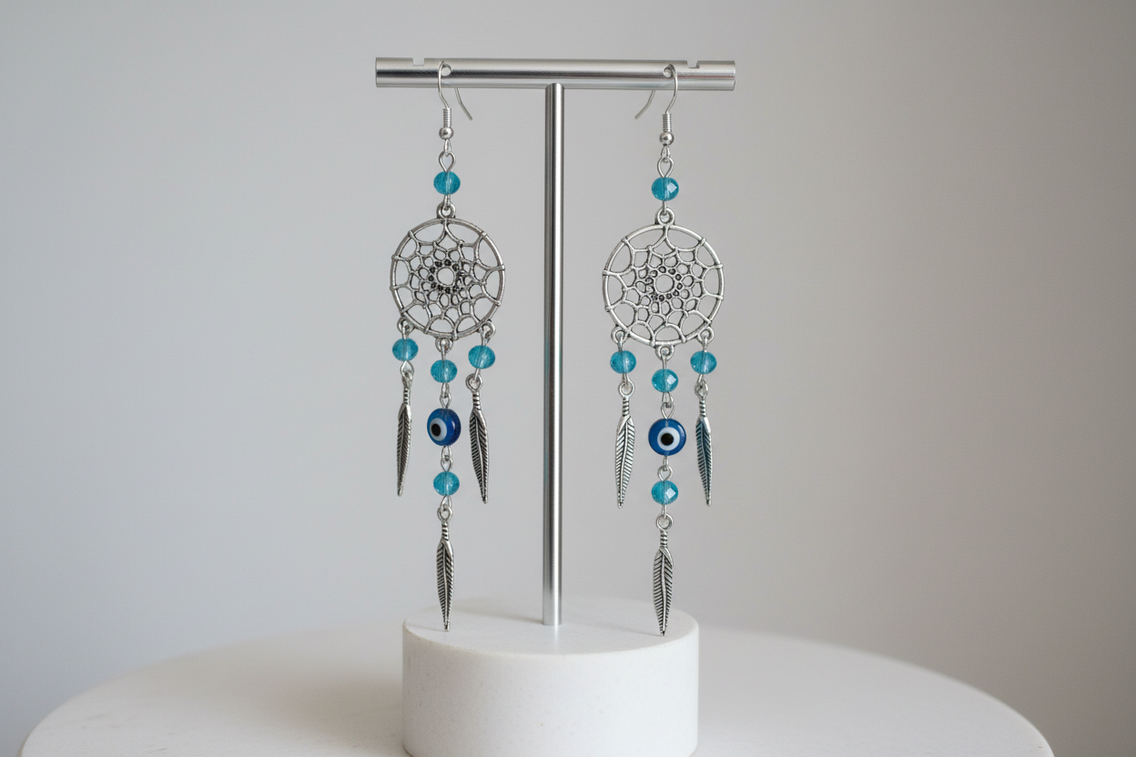 Embrace your inner free-spirit with our beautiful dream catcher earrings! Adorned with a protective evil eye and delicate beads, these earrings will bring positive energy and ward off negative vibes. Perfect for adding a touch of bohemian charm to any outfit. Get yours today and catch your dreams!
