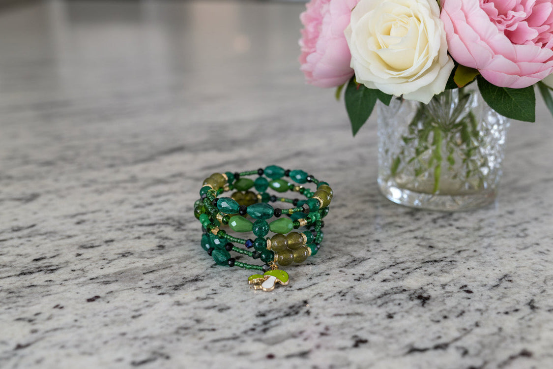 4 coil Boho Green Wrap Bracelet with mushroom charm