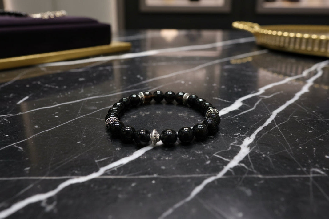 Bracelet - Elastic  6mm black stripe  agate natural gemstone with silver spacer beads