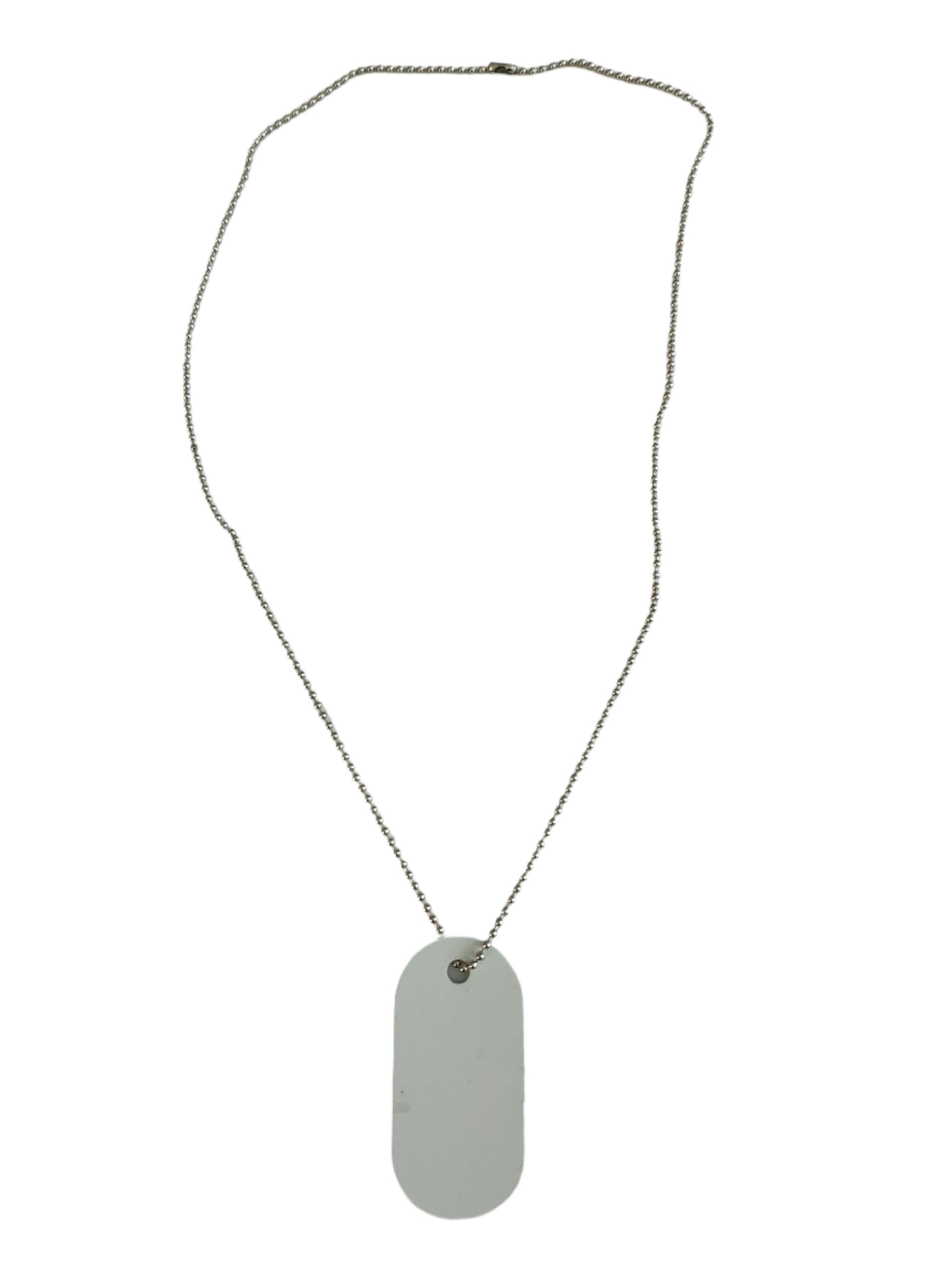 Carry your memories with you - this custom necklace features a 23.5 inch double sided  sublimated stainless steel chain and metal aluminum dog tag that can be personalized with an image of your choice. Perfect for a unique and sentimental gift!