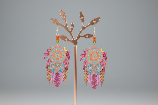 Earrings - Filigree dream catcher with beads on silver hook