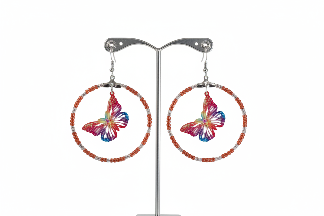 Add a touch of whimsy and elegance to your look with our Silver hoop earrings adorned with delicate seed beads and a beautiful filigree butterfly charm. These versatile earrings can take you from day to night, elevating any outfit with their unique design and stunning details. A must-have for any jewelry collection!