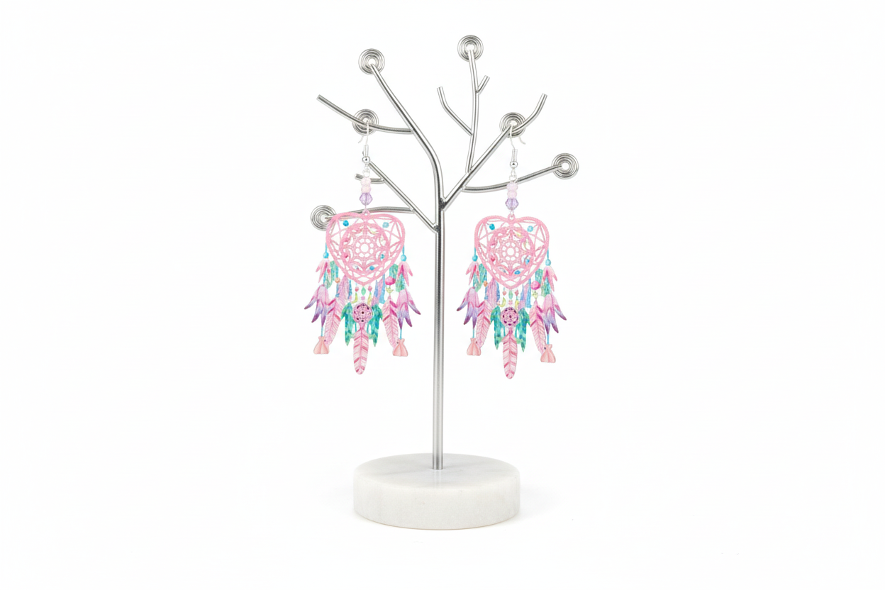 Earrings - Filigree dream catcher with beads on silver hook