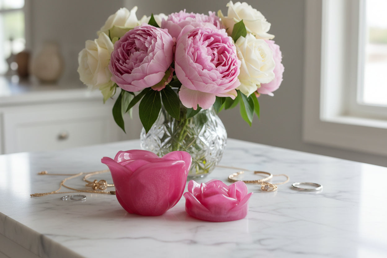 Elevate your space with this charming Knickknack - Resin rose trinket. Its intricate design and delicate details make it the perfect addition to your home decor. Keep your small treasures safe in its lidded compartment. A beautiful and functional piece that adds a touch of elegance to any room.