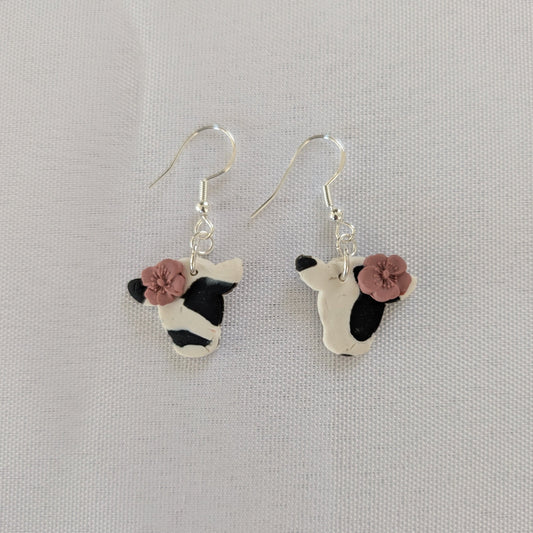 Earrings - Polymer Clay Cow with flower on 925 sterling silver hook