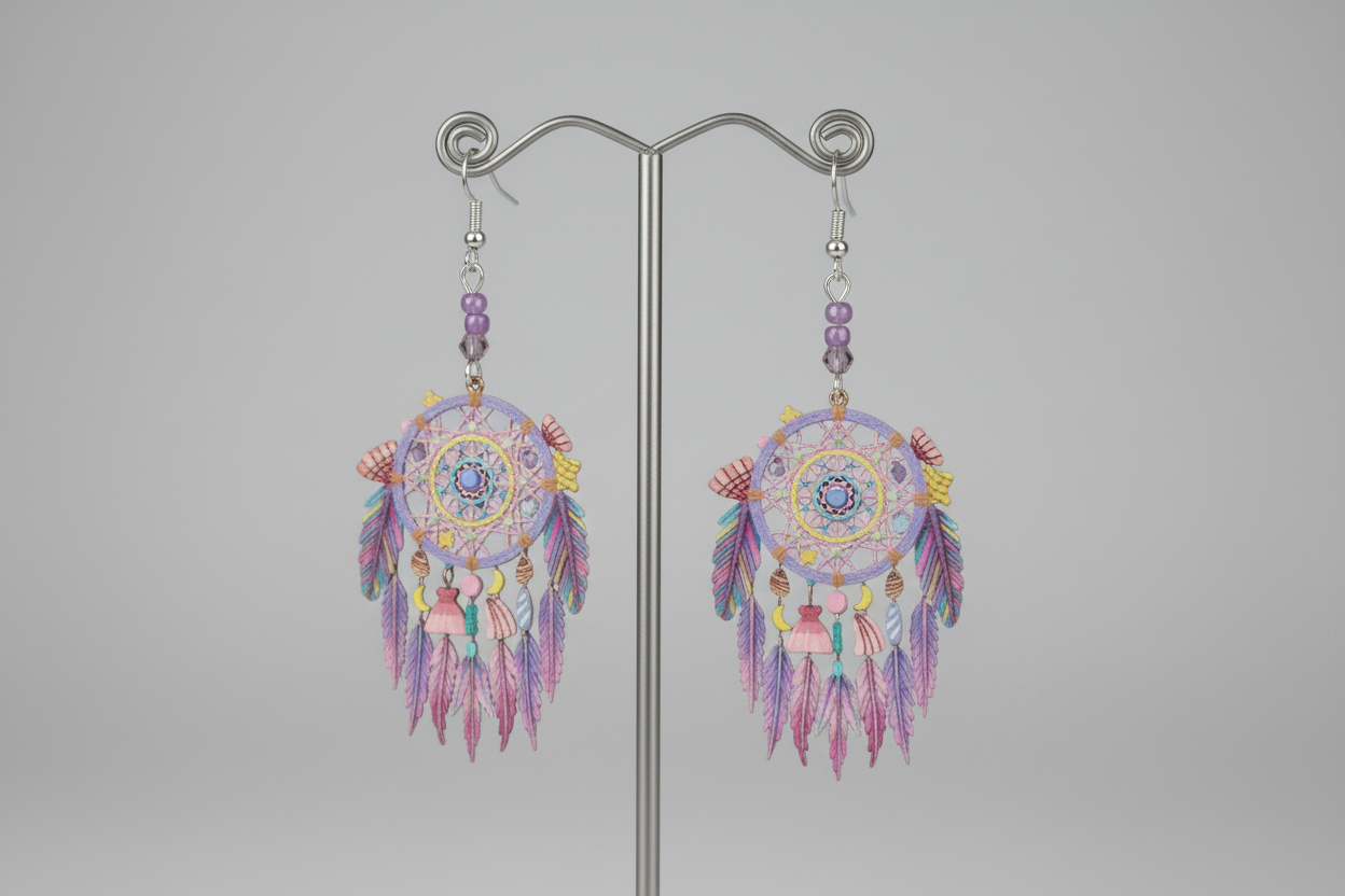 Earrings - Filigree dream catcher with beads on silver hook