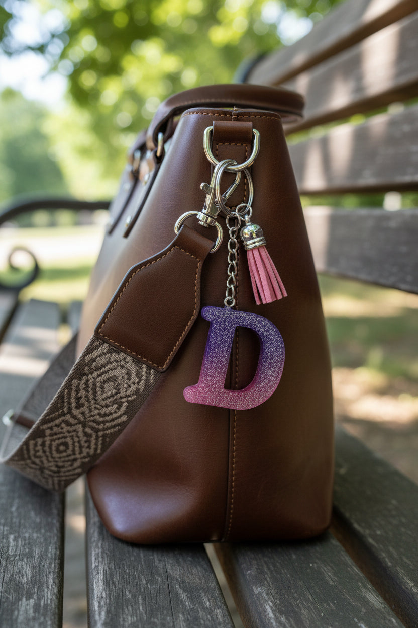 Brown leather bag with a Letter D keychain