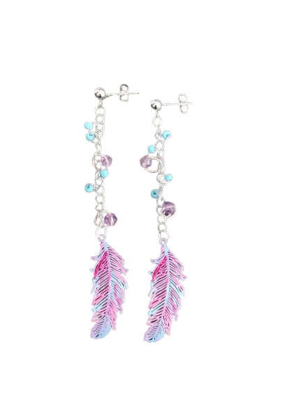 Inspire with our Filigree feather earrings. Made with stainless steel chains and delicate seed beads, these earrings feature intricate filigree feathers on ball post studs. Lightweight and elegant, perfect for any occasion. Elevate your style now!