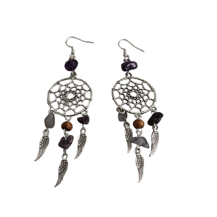 Embrace your inner dreamer with our beautiful dream catcher earrings. Adorned with glass beads and silver wings, these earrings add a touch of whimsy to any outfit. Let them catch your dreams and inspire you to chase them!