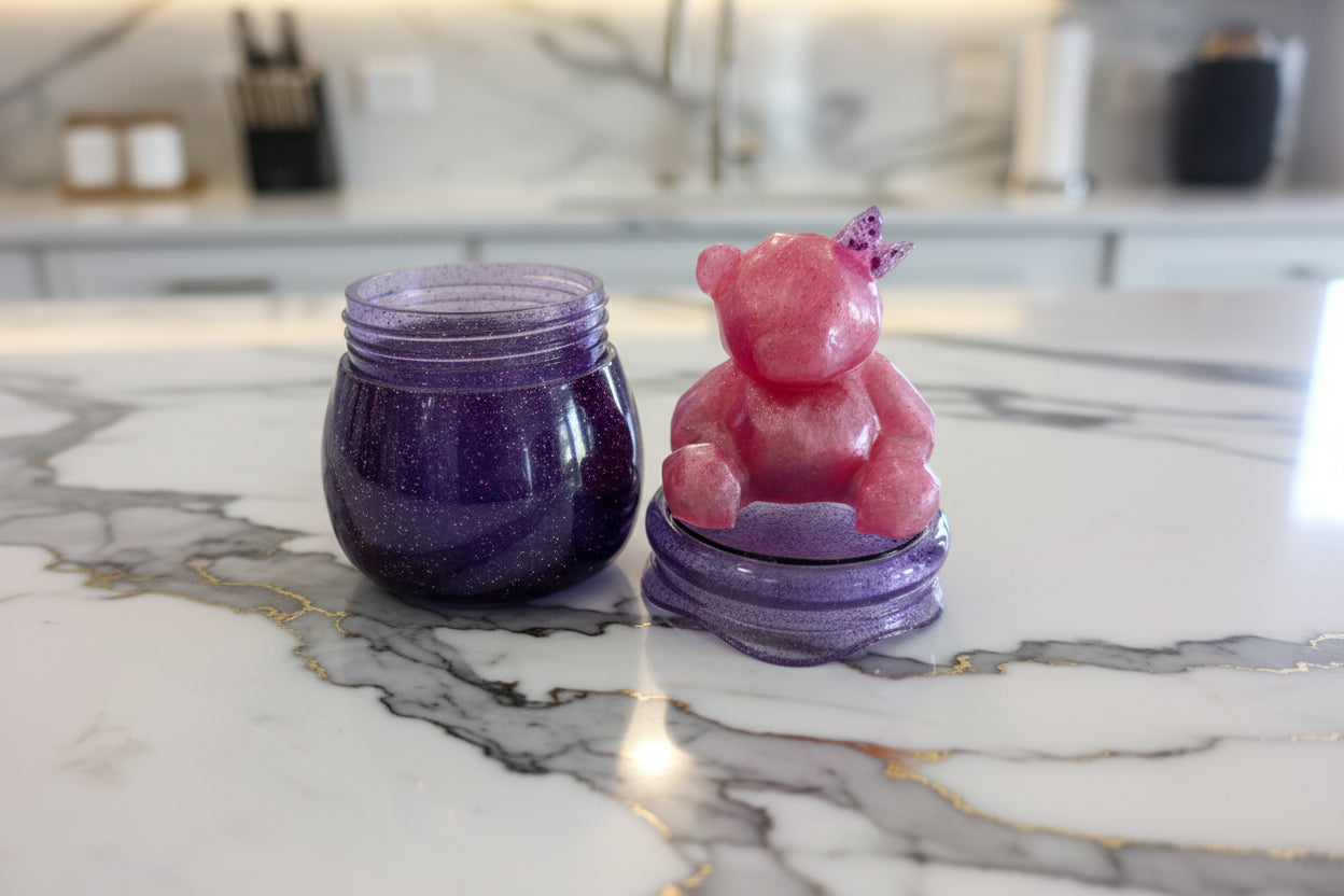 Clear resin jar with bear-shaped screw-on lid