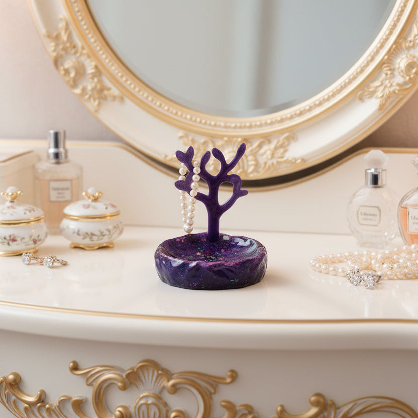 "Handmade purple resin jewelry stand with ring dish base."