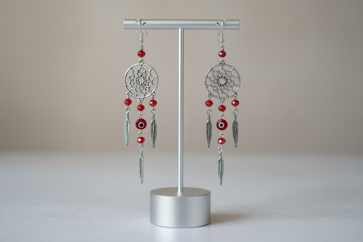 Embrace your inner free-spirit with our beautiful dream catcher earrings! Adorned with a protective evil eye and delicate beads, these earrings will bring positive energy and ward off negative vibes. Perfect for adding a touch of bohemian charm to any outfit. Get yours today and catch your dreams!