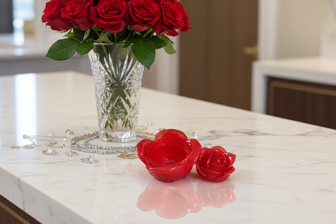 Elevate your space with this charming Knickknack - Resin rose trinket. Its intricate design and delicate details make it the perfect addition to your home decor. Keep your small treasures safe in its lidded compartment. A beautiful and functional piece that adds a touch of elegance to any room.