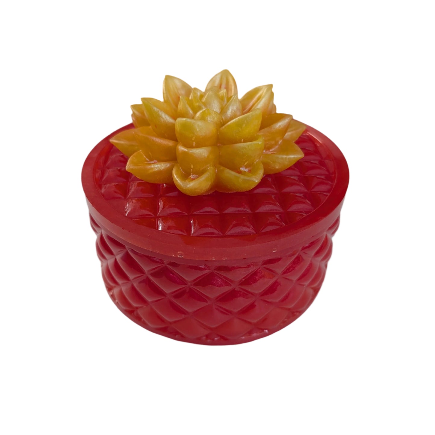 Keep your tiniest treasures safe in our round trinket box. With a charming resin design and a beautiful flower lid, it adds a playful touch to any space. At approximately 5 x 5 in, 4.25 in height, and weighing 11.7 oz, it's perfect for your precious items.