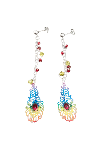 Inspire with our Filigree feather earrings. Made with stainless steel chains and delicate seed beads, these earrings feature intricate filigree feathers on ball post studs. Lightweight and elegant, perfect for any occasion. Elevate your style now!
